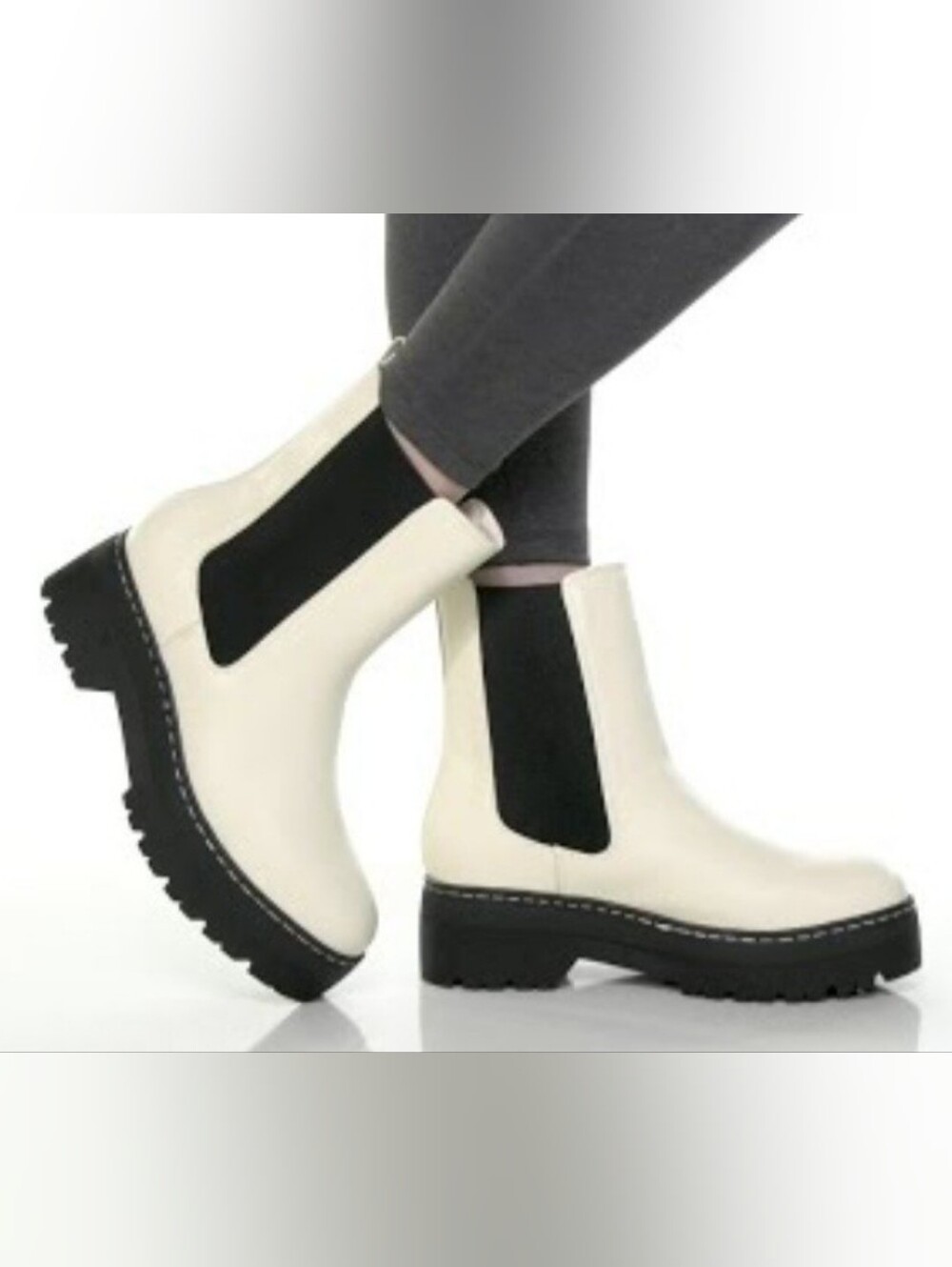 MIA CAYDEN PLATFORM LUG SOLE CHELSEA BOOTS SIZE 8M. CREAM/BLACK